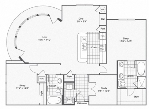 Floor plan for 2 beds, 2 baths, 1495 sqft